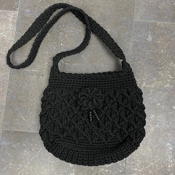 Handbags - Black Macrame Shoulder Handbag